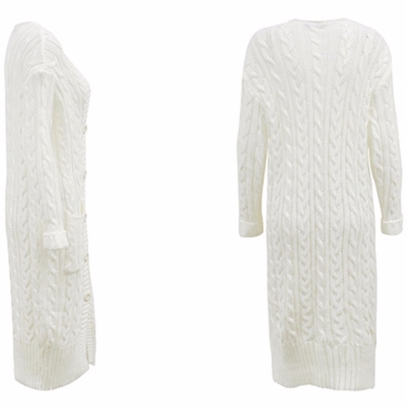 White Cable Knit Cardigan Buttoned with Pockets - Picture 6 of 8